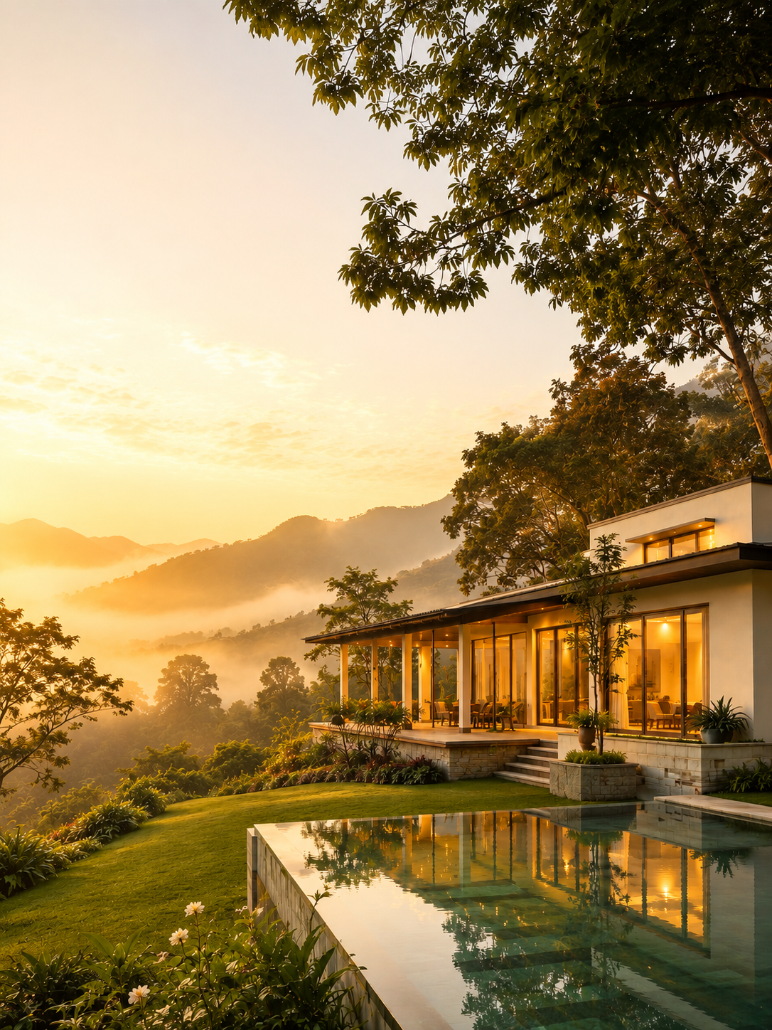 Hillside farmhouse with infinity pool at golden-hour sunrise